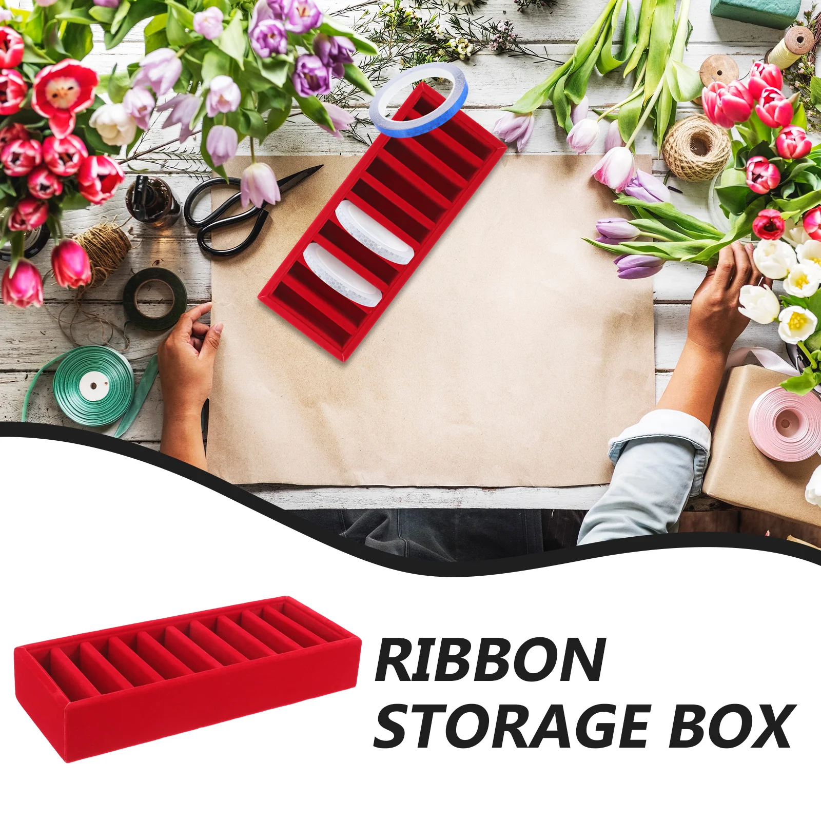 

Ribbon Storage Box Organizer for Craft DIY Gift Making Red Flannel Cloth Lightweight Portable Ribbon Holder Compartment