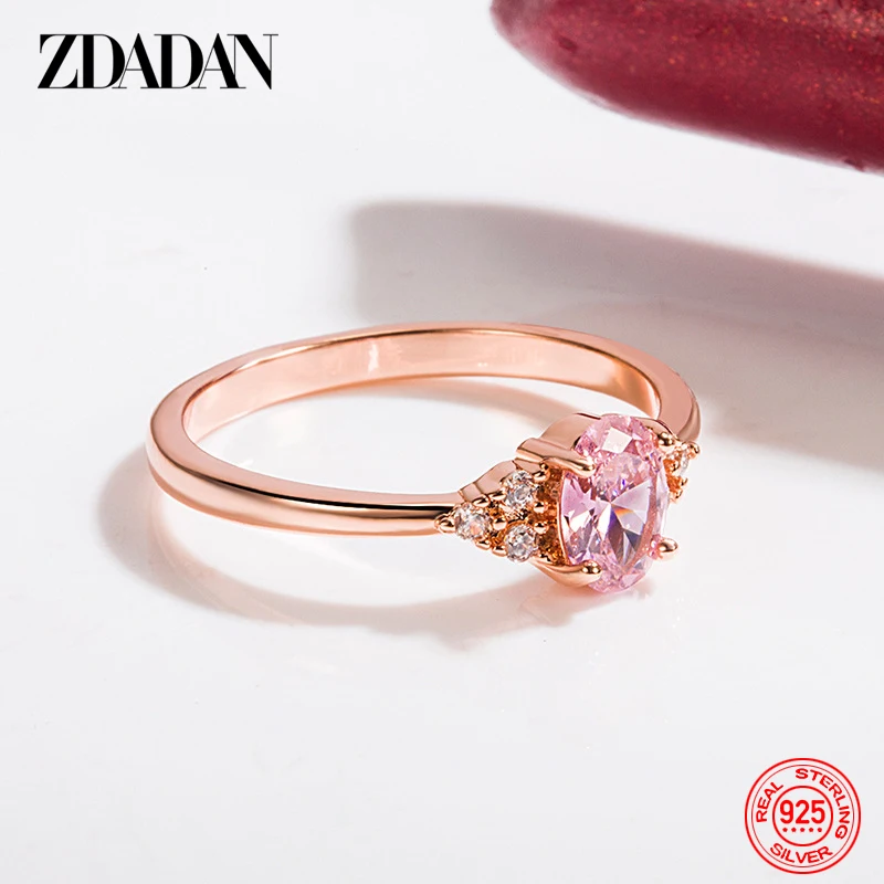 ZDADAN 925 Silver 18K Gold Oval Pink Zircon Ring For Women Wedding Jewelry