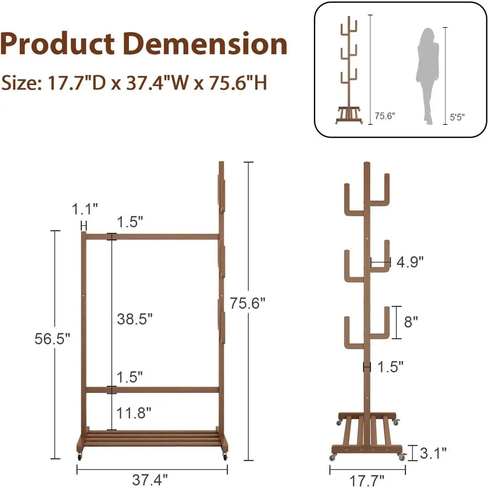 Walnut Heavy Duty Rolling Garment Rack with 6 Hooks and Storage Shelf, Easy Assembly