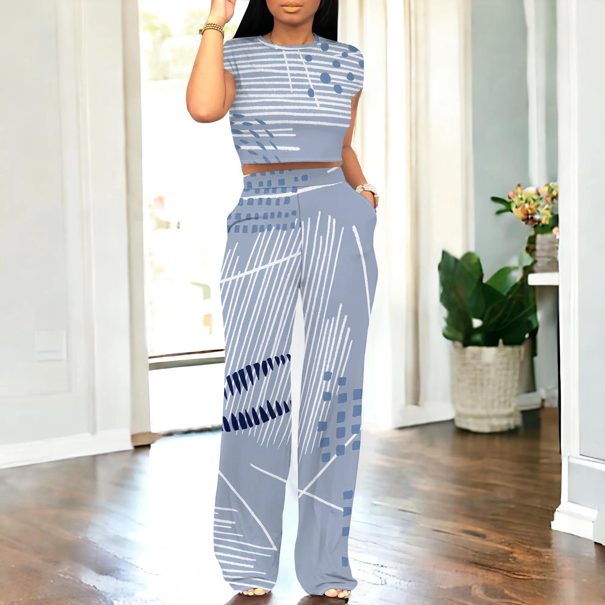 

Blue Abstract Line Print Two Piece Outfit Women's Summer Crop Top and Wide Leg Pants Set