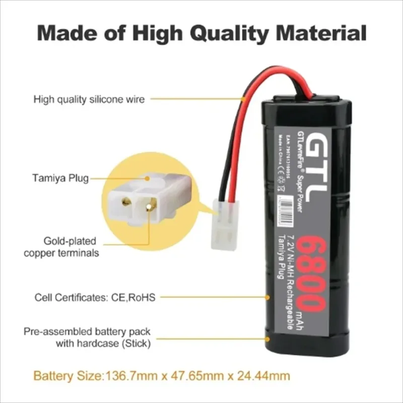 Batterie Nilaissée avec connecteurs Tamiya, 7.2V, 9800mAh, RC Car Truck, Bugibot Tank, Ni-MhBattery, Alimentation dîner grise, Nouveau