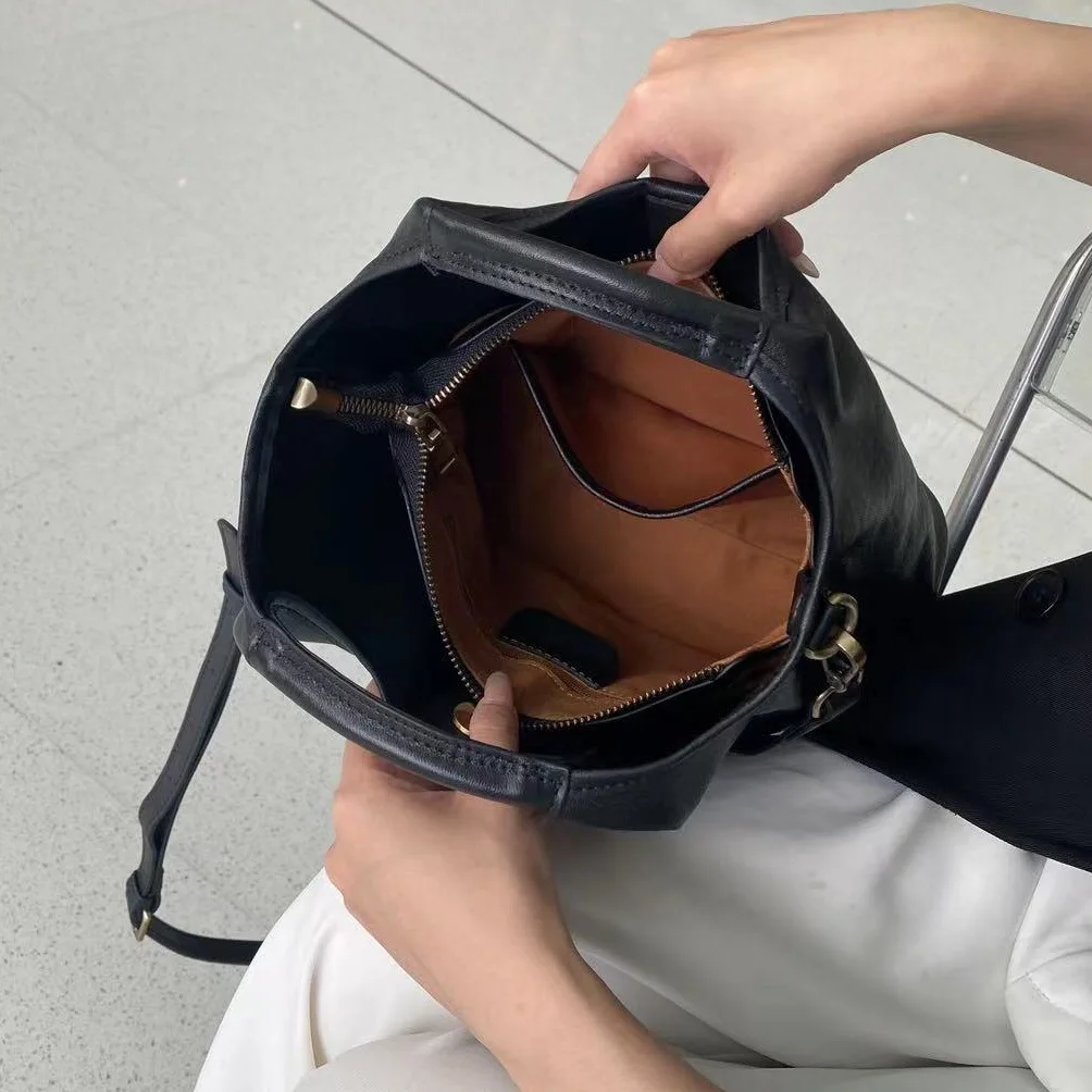 Genuine Vegetable Tanned Leather Shoulder Bag For Women Vintage Small Tote Handbag Crossbody Bag Ladies Casual Work Bag