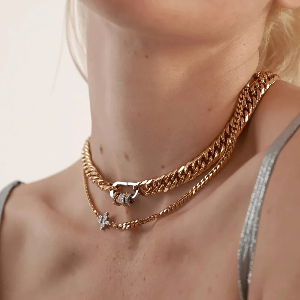 18K Gold Plated Two Tone Tarnish Free Stainless Steel High Polished Cuban Chains Choker Spring Clasp Necklaces for Women Jewelry