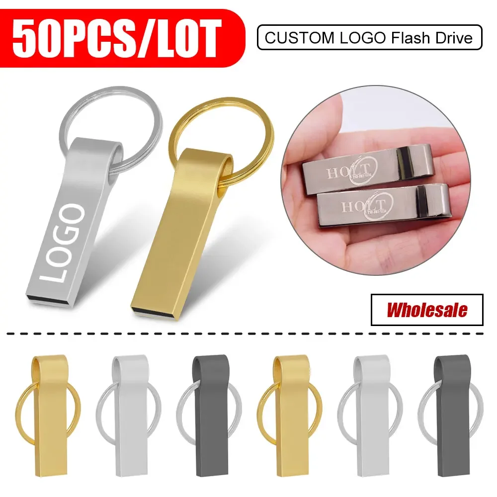 50pcs/lot USB Free Custom Logo Flash Drive Disk 16GB 32GB 64GB USB 2.0 waterproof Metal Key pendrive Memory Stick flash disk