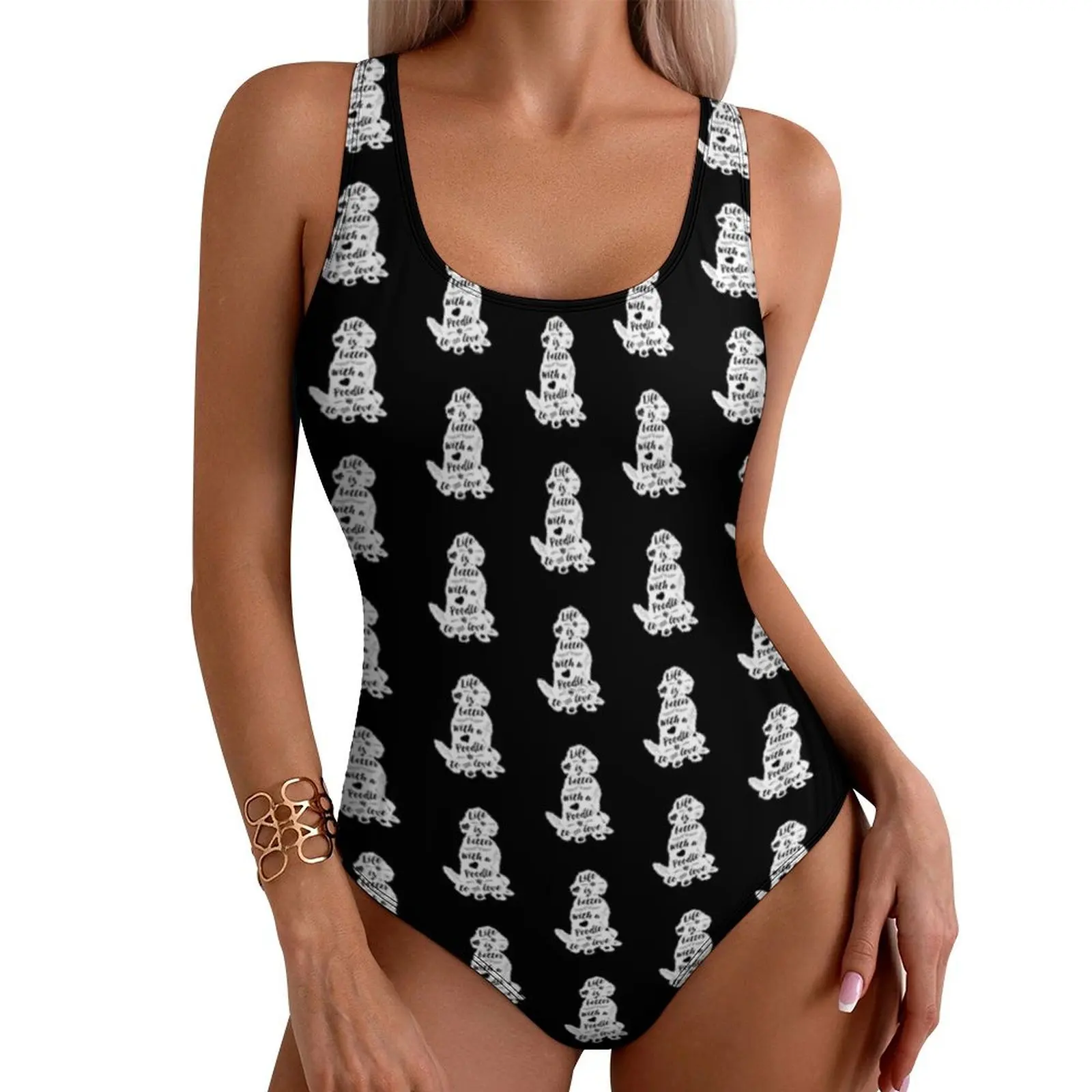 

Cute Poodle Print Swimsuit Life Is Better One Piece Swimwear Push Up Trendy Bathing Suits Sexy Holiday Surf Pattern Bodysuit