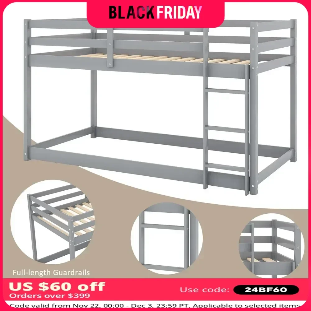 Bunk Beds Twin Over Twin, Floor Bunk Bed w Ladder, Safety Guard Rails, 400LBS Heavy Duty Wooden Twin Bunk Beds