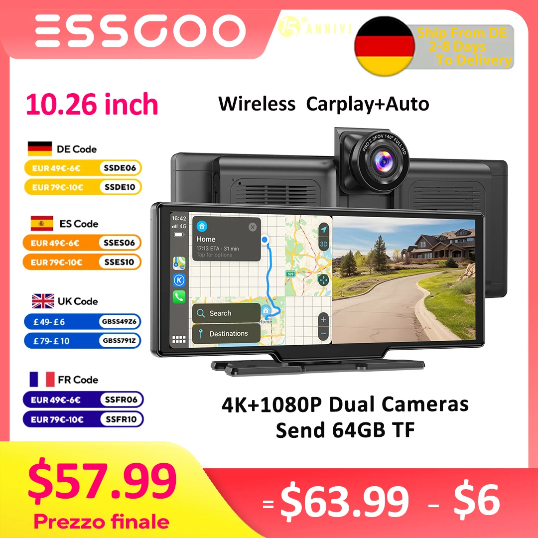ESSGOO 10,26" Wireless CarPlay & Android Auto Dash Cam ADAS 4K DVR Bluetooth Audio AUX GPS