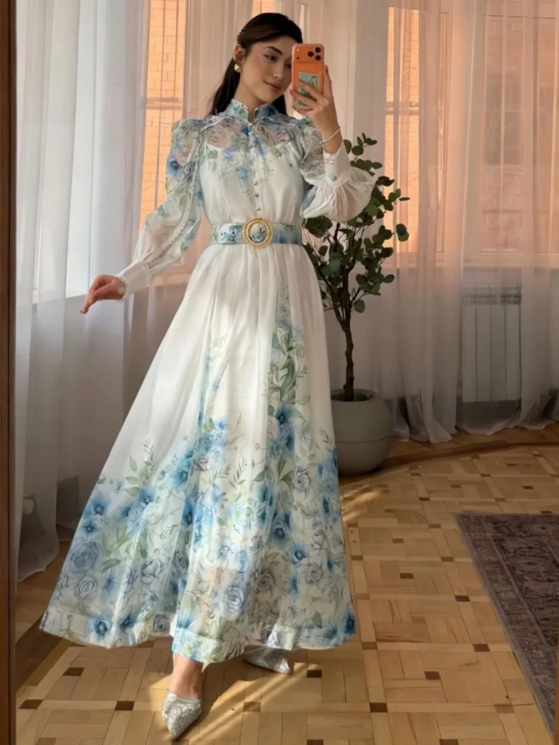 Elegantes Blumenprint Boho-Kleid Frühjahrskleidung Damen 2026 Laternenärmel Maxi Lange Kleider Urlaub Abendparty A-Linien-Kleid