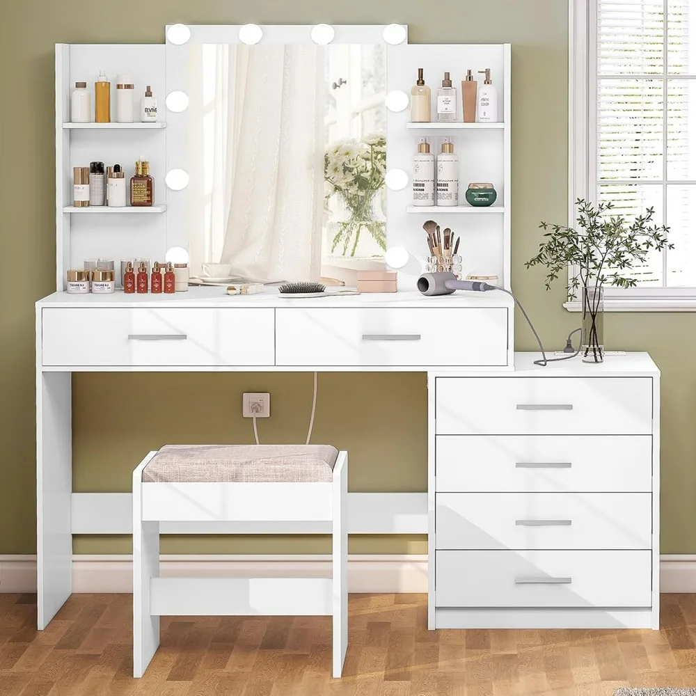 Vanity Desk with Mirror & Lights, Makeup Vanity with 6 Drawers Open Shelves and Power Outlet, Storage Desk with Stool Bench