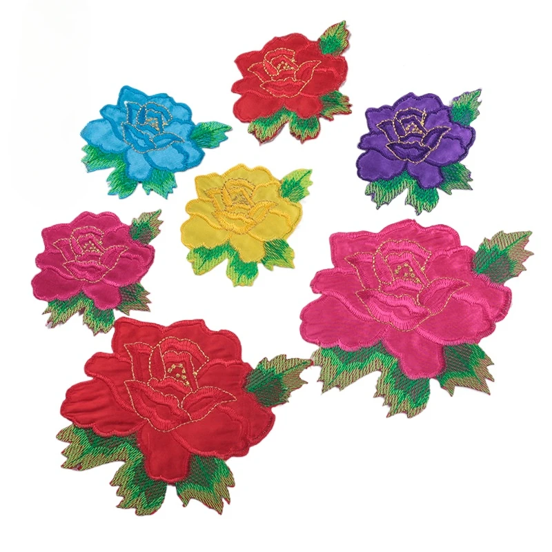 50pcs/Lot Luxury Embroidery Patch Golden Stamens Peony Flower Dress Shirt Bag Clothing Decoration Accessory Craft Diy Applique