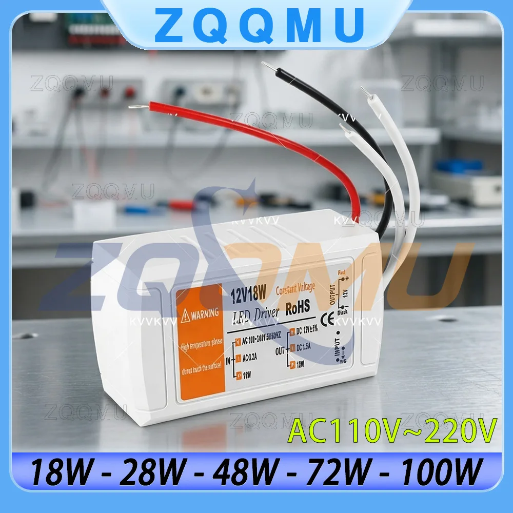 

1 шт. LED-драйвер 12В DC 18Вт 28Вт 48Вт 72Вт 100Вт, блок питания AC 90-240В, адаптер-трансформатор для светодиодных лент и освещения