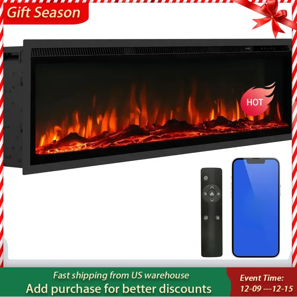 

50 Inch Electric Fireplace Heater, Wall Mounted or Embedded Fireplace Insert, 24-hour Timer, Color Changing Flame