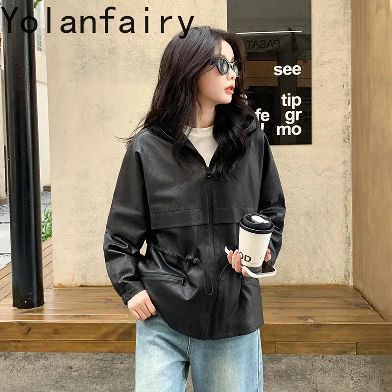 

Genuine Sheepskin Trench Coat for Women 2024 Autumn Winter Fashion Loose Waisted Real Leather Jacket Hooded Jaqueta Feminina