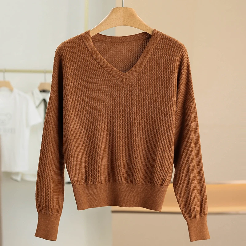 

Hanging Dian Camere Wool V-ne Elastic Knitted Sweater Spring New Women's Loose Fit Long Sve Thin Sle Commute Faion