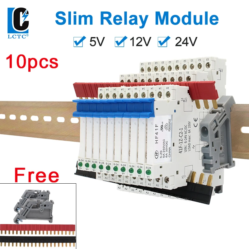 

10PCS DIN Rail Relay Module HF 41F Slim Relay With LED 6A 5V 12V 24V 41F-5-ZS 41F-12-ZS 41F-24-ZS High Frequency Relay