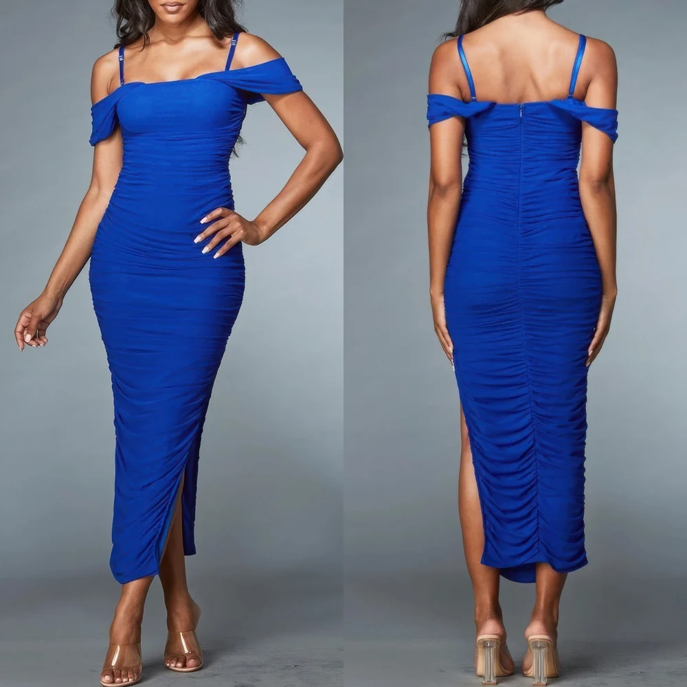 

Customized Royal Blue Off Shoulder Mesh Midi Dress A-Line Evening Dresses Formal Exquisite High Quality Prom Party Gowns Women