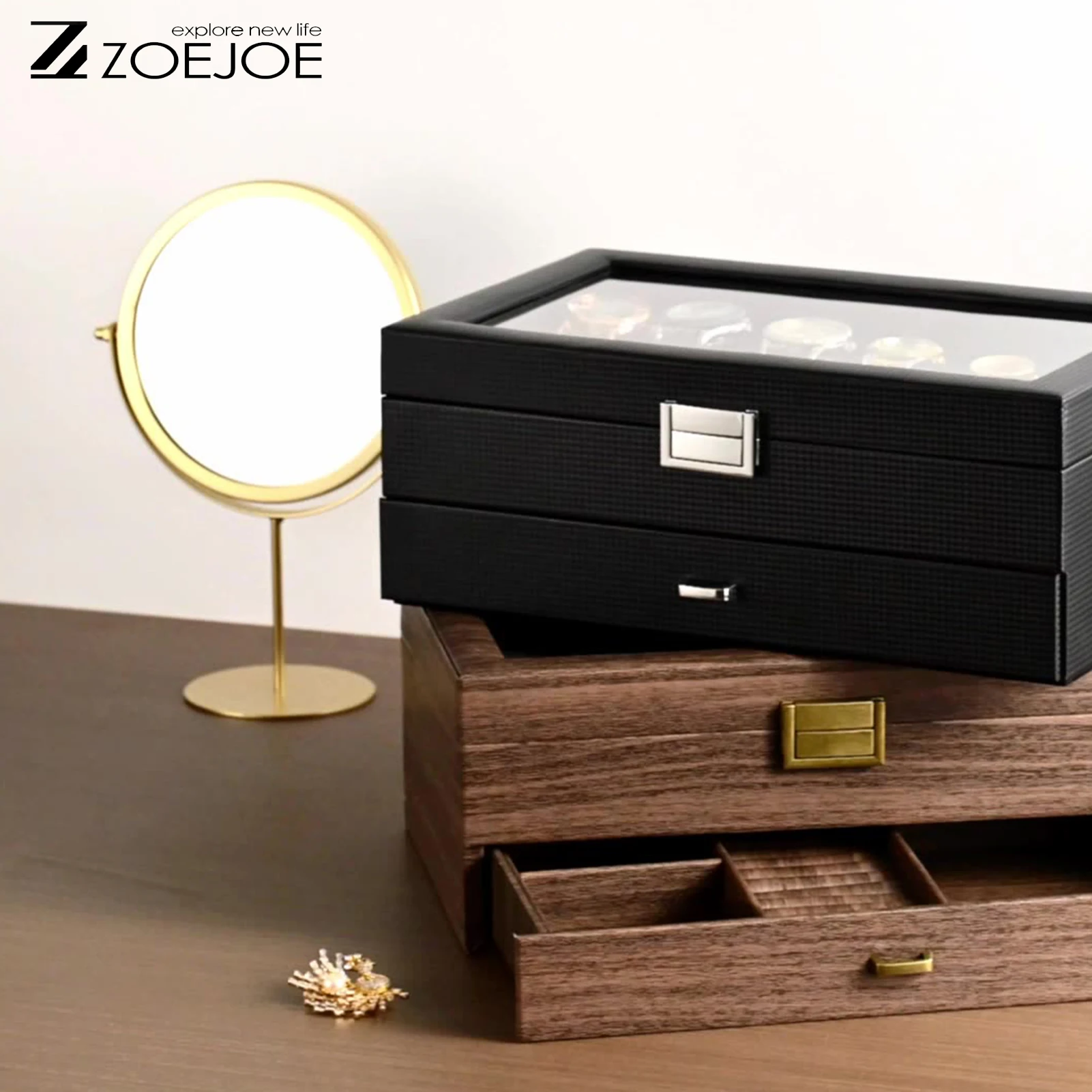 กล่องเก็บอุปกรณ์เสริมนาฬิกาแบบสองชั้น แท่นโชว์เครื่องประดับนาฬิกา หนัง PU 3 สี กล่องใส่สร้อยคอและนาฬิกา ของขวัญวันหยุด