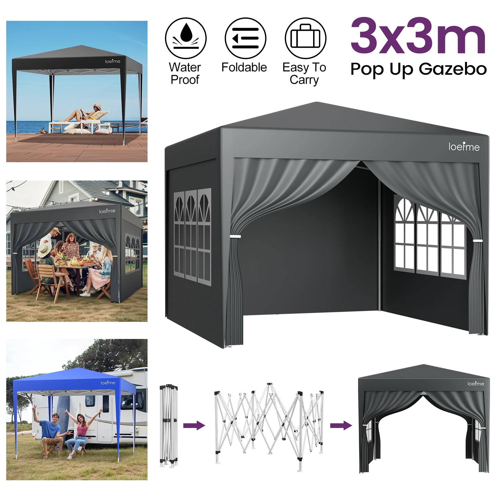 LOEFME Outdoor Tent with Window Tent 6-10p Family Camping Activities Waterproof UV Protection Movable Canopy Gazebo Awning 3x3M