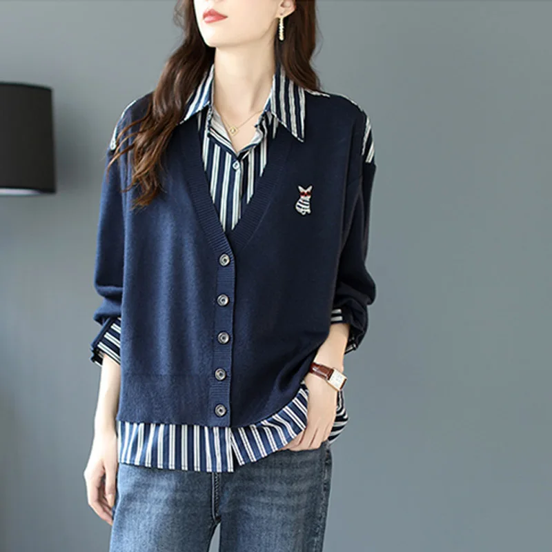 

Women False 2 Pieces Patchwork Striped Pullover Sweater 2023 Autumn New Female Fashion Turn Collar Loose Casual Out Wear Shirts