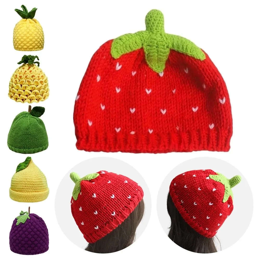 

Novelty Warm Knitted Fruit Hat Thick Soft Strawberry Pullover Cap Stretchy Handmade Pineapple Beanie Winter Head Accessory