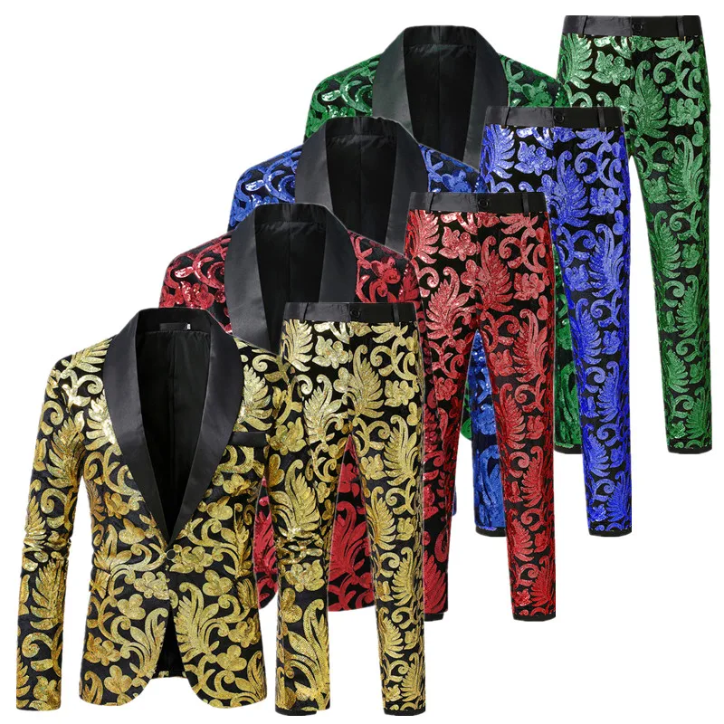 

2025 New Men's High-quality Sequin Suits Fashion Singer Dance Party Luxurious Floral Velvet Blazer and Pants