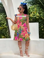 Kids Girls Tropical Floral Print Dress, Short Ruffle Sleeve Round Neck Lace Trim A-Line Casual Summer Dress 3
