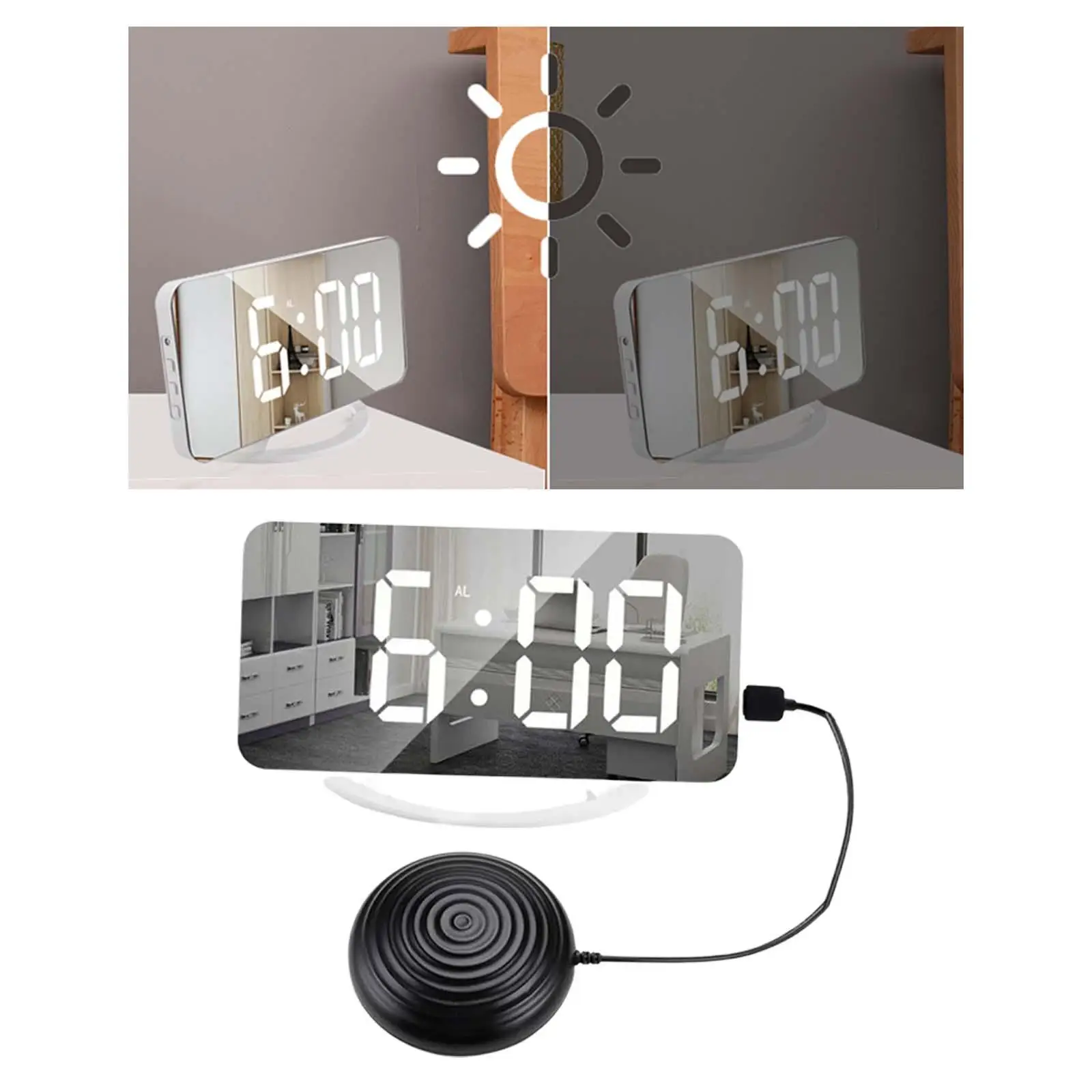 Loud Alarm Clock Phone Charger Vibrating Table Clock for Heavy Sleepers Deaf Snooze USB LED Mirror Alarm Clock Digital Display