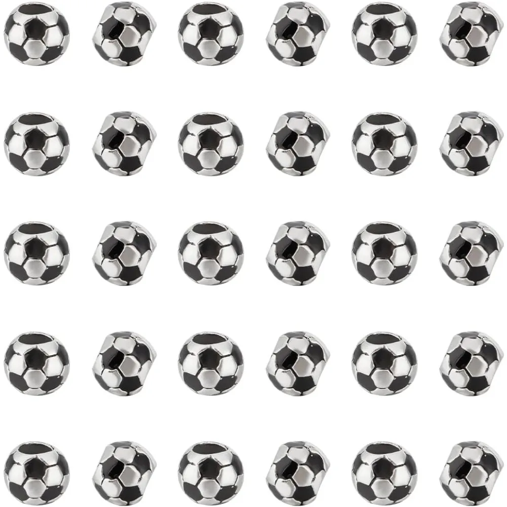 

30 шт. футбольные бусины, бусины для футбольного мяча, металлические бусины-разделители, бусины с большими отверстиями, эмалированные европейские бусины, спортивные бусины, комплект для изготовления