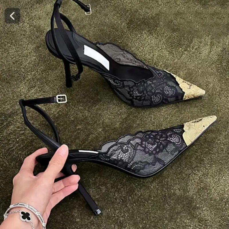 2026 Fashion Lace Sequin Hollow Out Mesh Women Pumps Sexy Pointed Toe Designer Low Heels Slingback Sandals Ladies Shoes