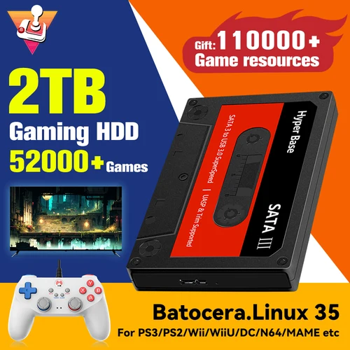 Batocera.Linux 35 disco duro portátil para juegos, HDD de 2TB con más de 52000 juegos para PS3/PS2/Wii/WiiU/N64/MAME/SS para PC/portátil/Mac
