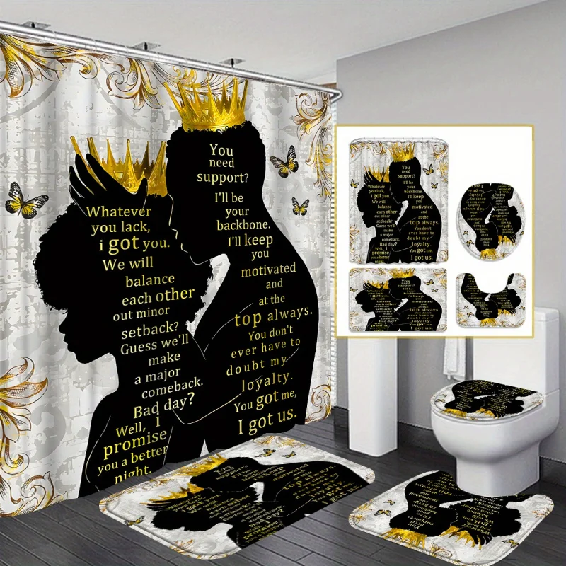 4pcs Modern King and Queen Silhouettes Shower Curtain Set with 12 Hooks, 3-piece Bathroom Decoration, Toilet Floor Mat