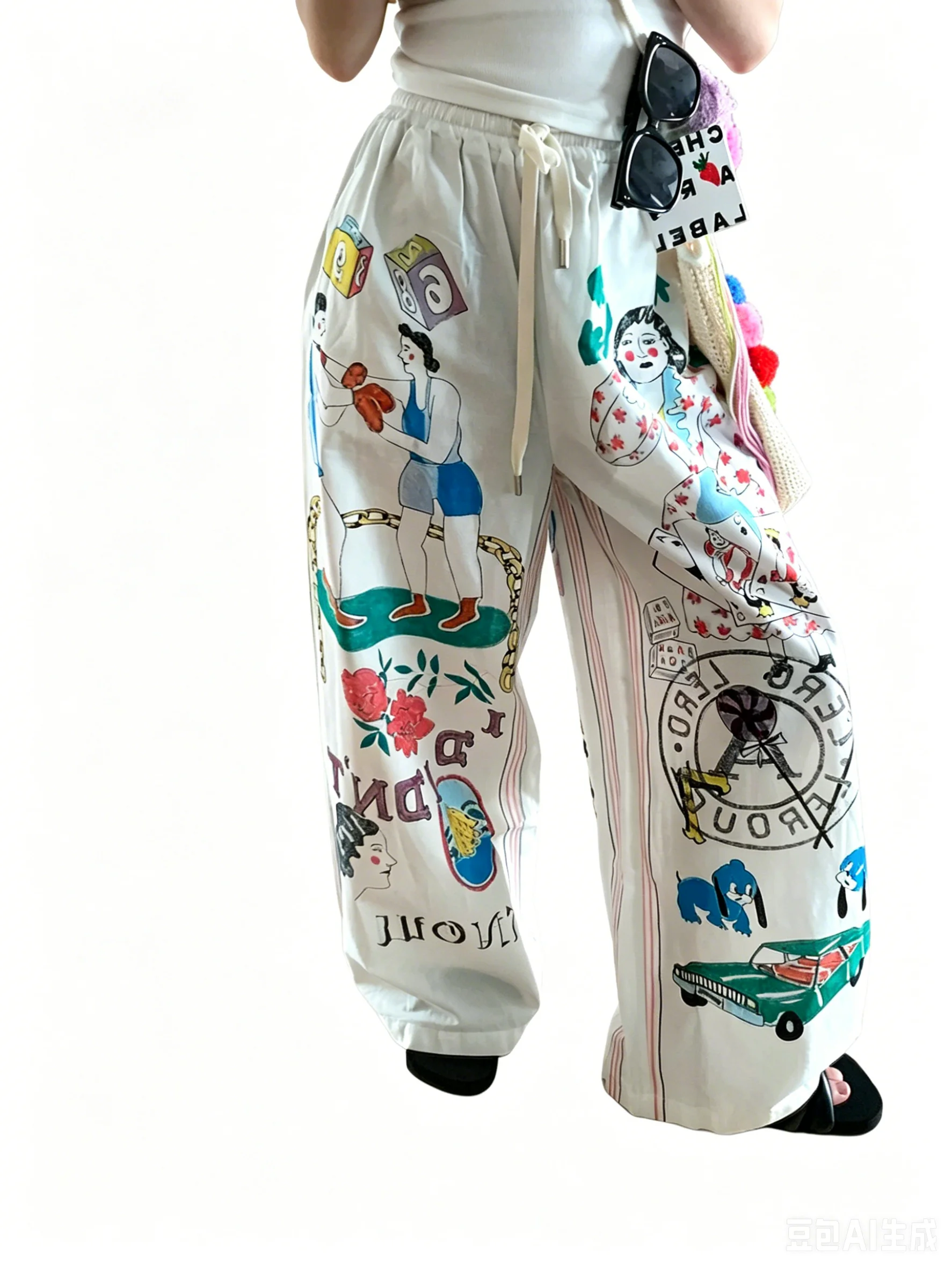 Korean Chic Design Y2K Retro Cartoon Figure Doodle Print Wide Leg Pants Elastic Drawstring High Waist Side Pockets Loose Summer