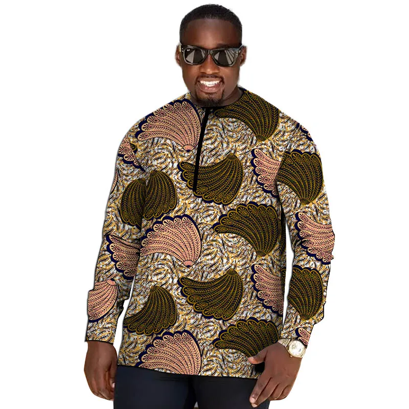 

African Print Zipper Fly Men's Shirts Original Design Tops Tailor Made Party Wear Large Block Pattern Groom Outfit