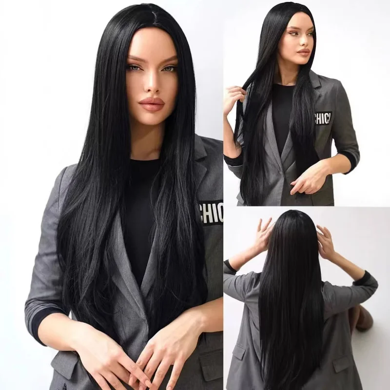 

New women's wig with button net, daily fashion, middle-parted long straight hair, naturally voluminous, synthetic fiber full hea