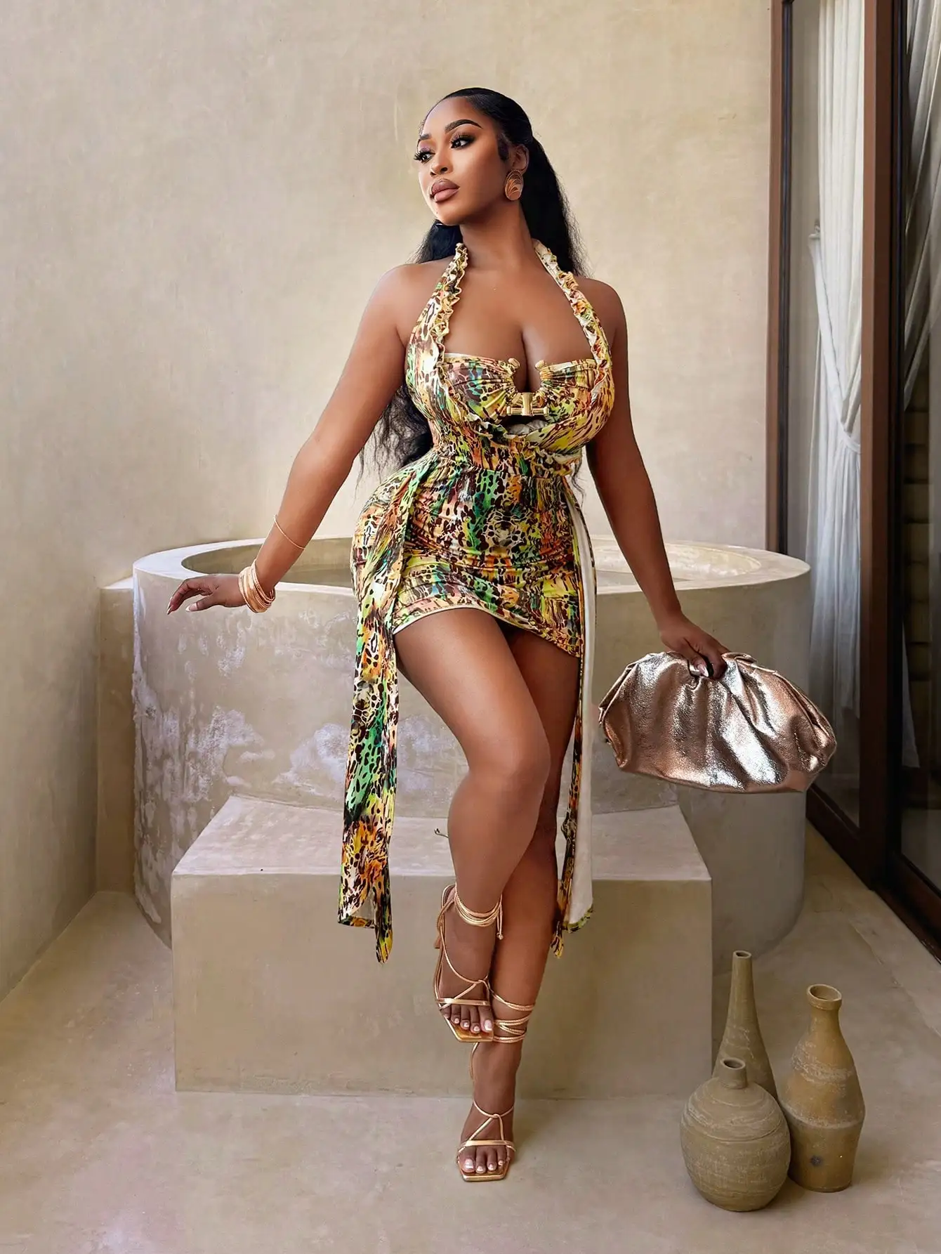 

Women's Halter Neck Animal Print Mini Dress with Ruffles and Side Slit