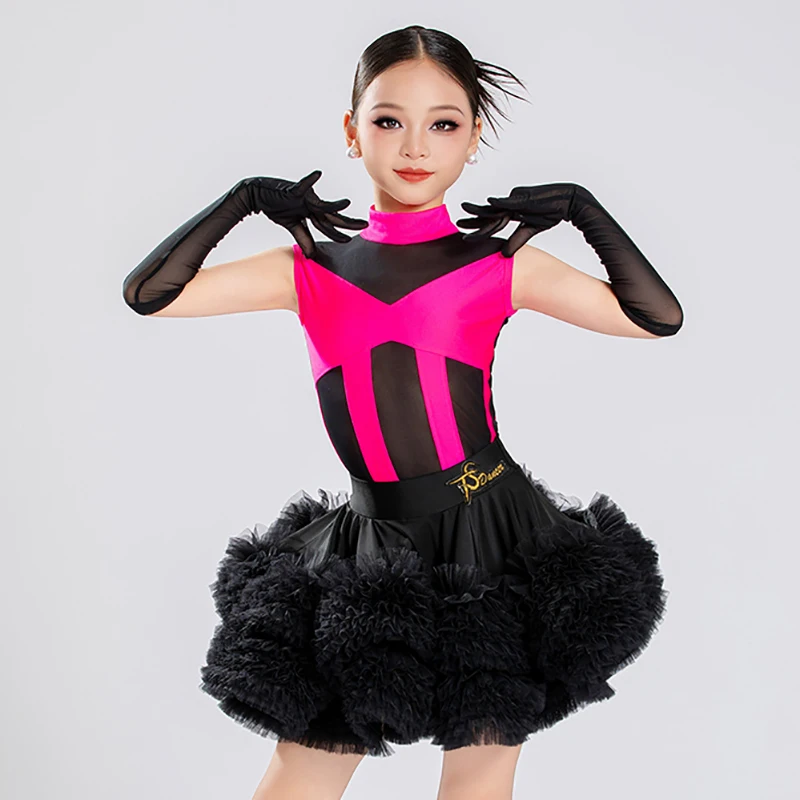 Body en maille contrastée pour enfants filles, grande jupe pivotante en dentelle, uniforme de classe, Costumes de spectacle