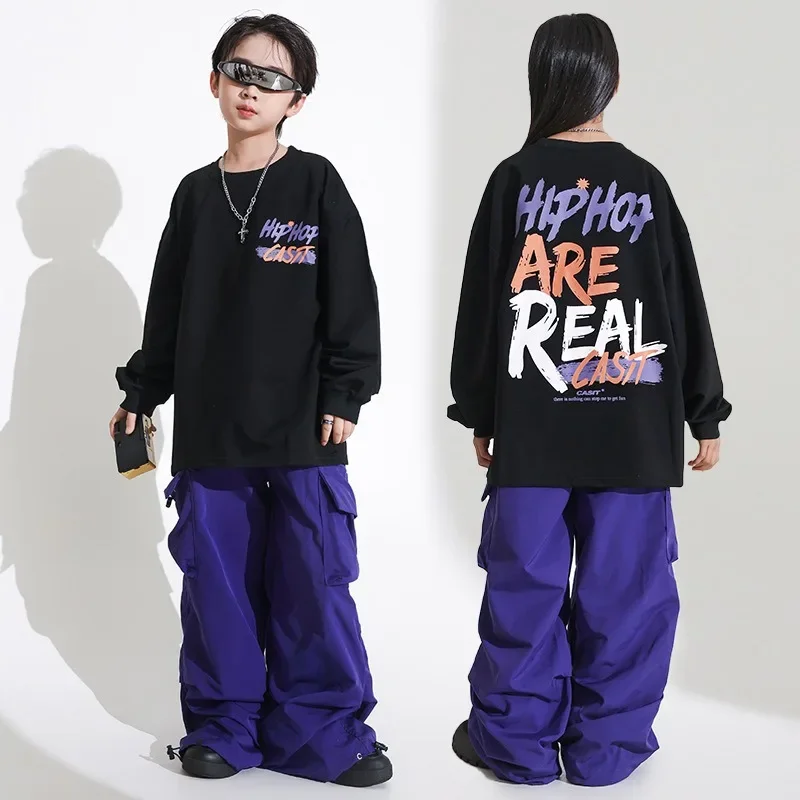 6-15 Years Old Hip-hop Rehearsal Clothes Boys Skateboard Sportswear Korean Style Dance Clothes Purple Plaid Loose Trousers