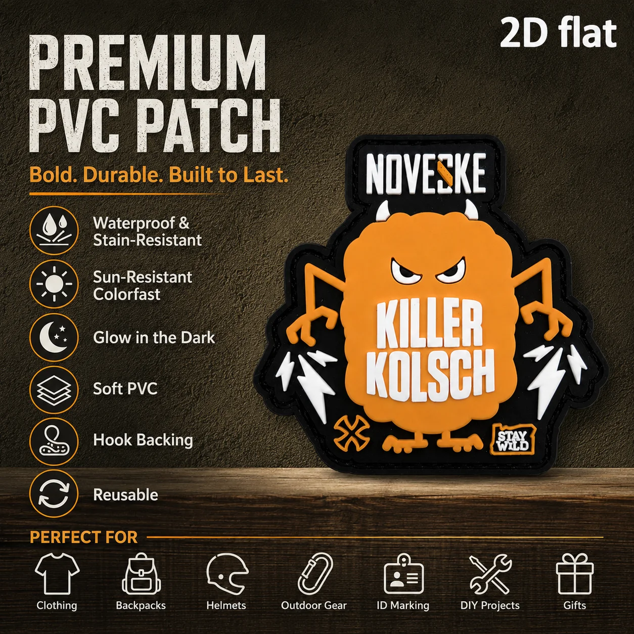 Killer Kolsch Orange Geometric Line Design with Luminous Effect, Irregular 2D Flat Pvc Material, Magic Patch, Free Backing Material, Optional Sizes 1Pc, 2Pcs, 3Pcs, Fun Soft Rubber Morale Patch, Backpack, Vest, Helmet Decoration Patch