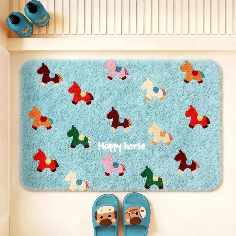 VIKAMA Cute Horse Pattern Bath Mat Soft Fluffy Water Absorbent Anti Slip Non-Toxic Kids Floor Mat Home Decoration