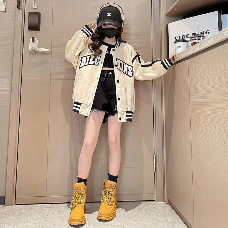 2023 New Fall Baseball Jacket Spring Girls Cartoon Letter Print Coats Kids Fashion Sport Outerwear Children\'s Clothing 4-14 Year