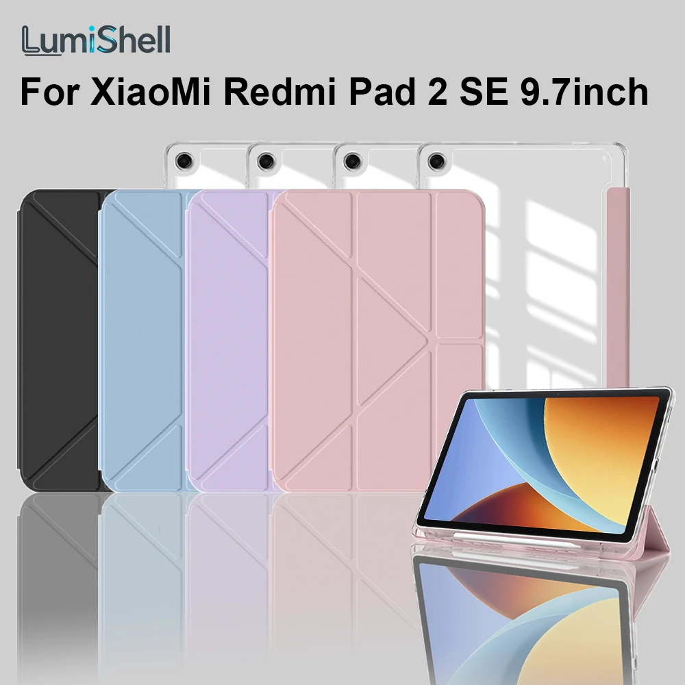 For XiaoMi Redmi Pad 2 SE 9.7 Inch Case With Pencil Holder Trifold Acrylic Back Hard Cover For Poco Pad C1 Auto Wake/Sleep