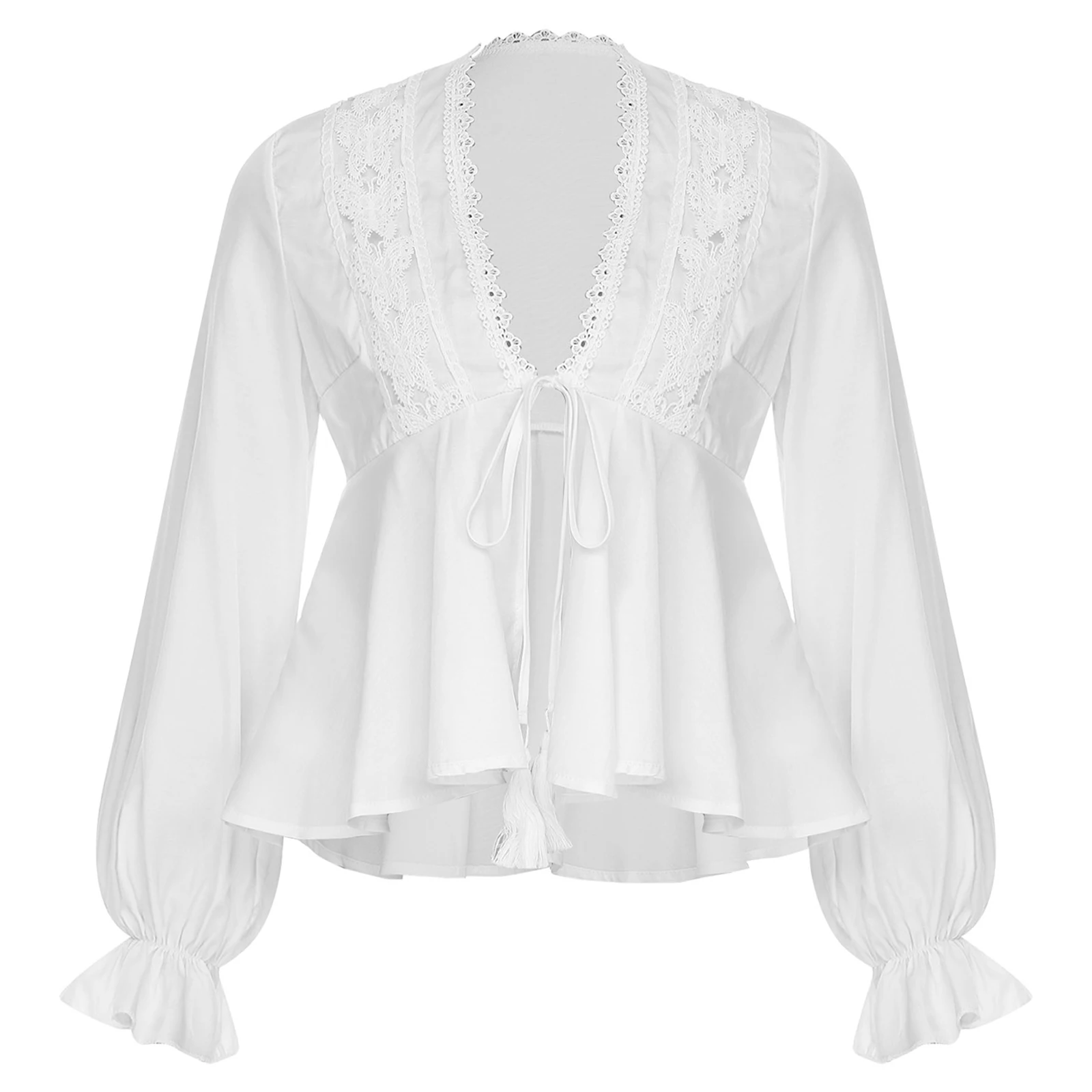 بلوزة عصرية تكدرت ملابس النساء البلوزات موضة خمر الدانتيل الخامس الرقبة طويلة الأكمام الذاتي تعادل حزام القمم الخريف ملابس نسائية