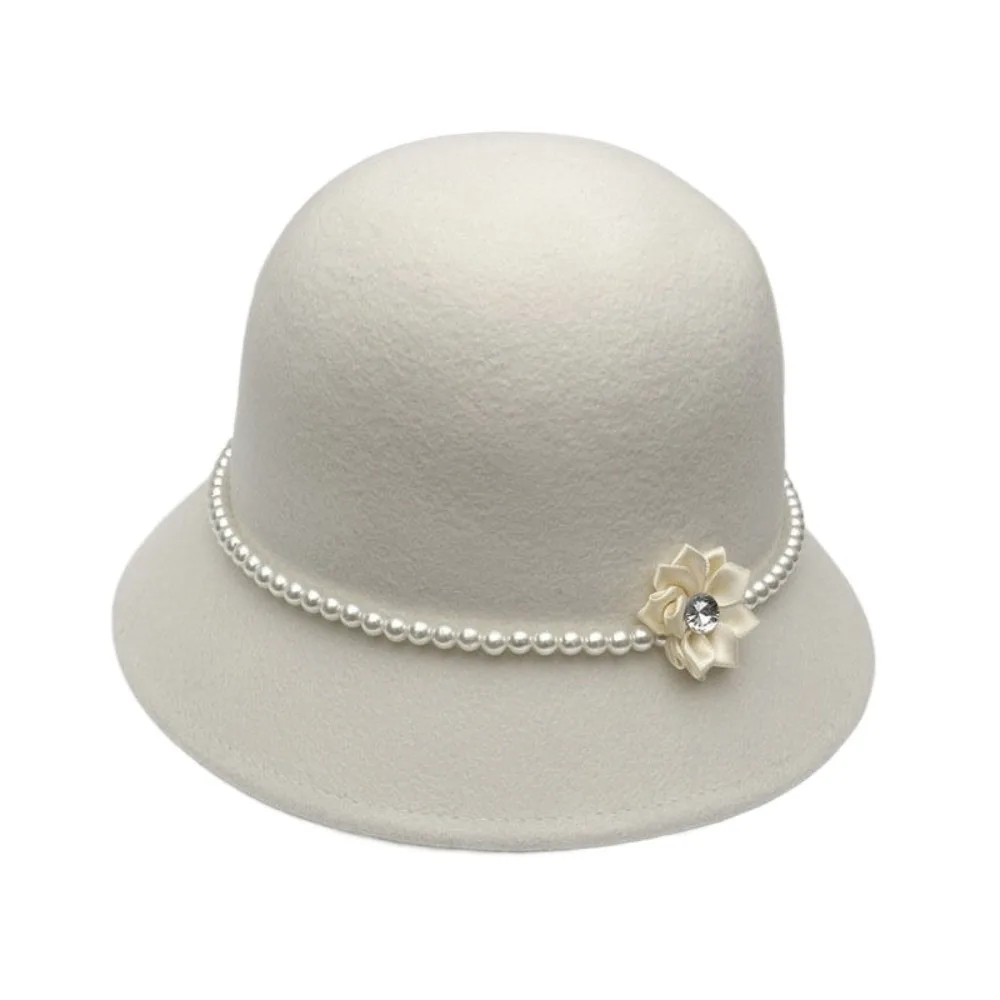 

Модная шляпа-топер с жемчужным цветком во французском стиле, однотонная, теплая шерстяная шляпа-ведро в стиле Хепберн для женщин
