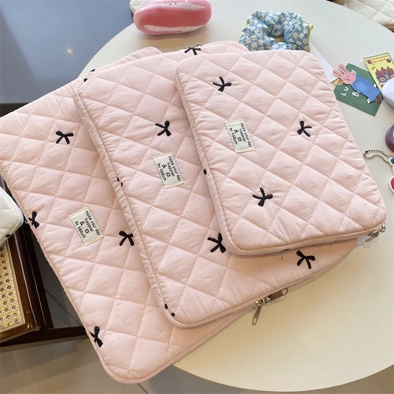 Tablet storage cute diamond grid embroidered bow 15-15.6 inch laptop storage bag