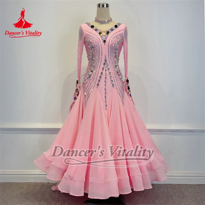 

Социальные танцы Платья для конкурса с V-образным вырезом и ожерельем Настроить жизненную силу танцора Взрослый вальс Фокстрот Quickstep Одежда с длинными рукавами