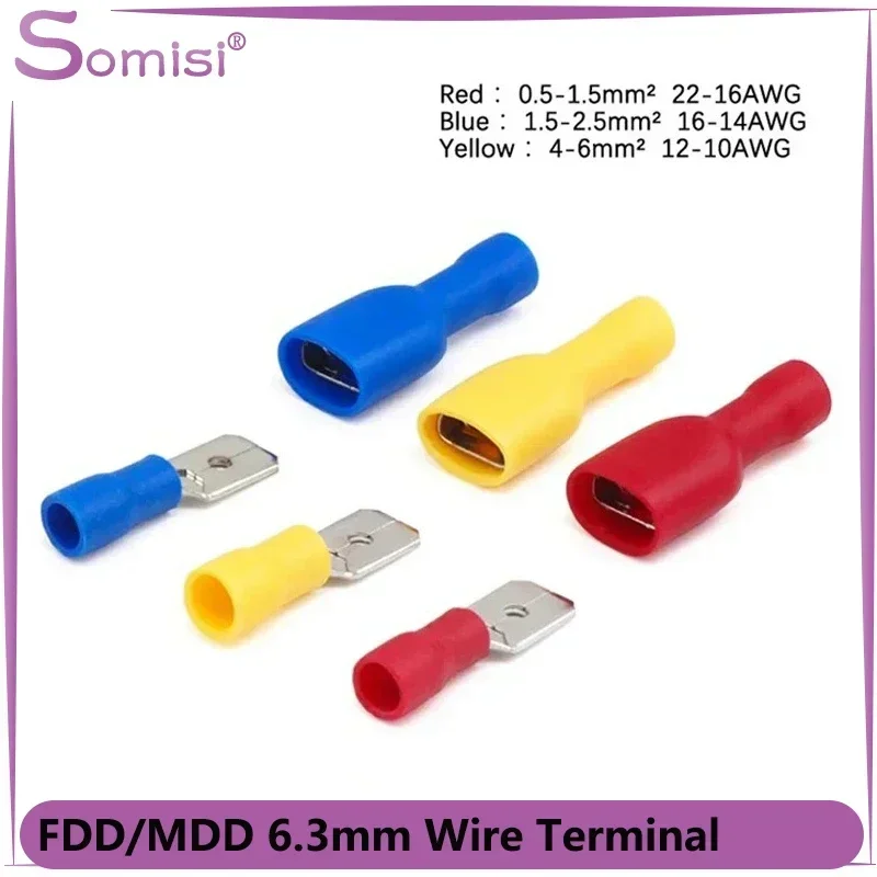 10/20/50pcs FDD/MDD 6.3mm Terminal Red Blue Yellow Female Male Spade Insulation Electric Crimp Terminal Wire Connectors