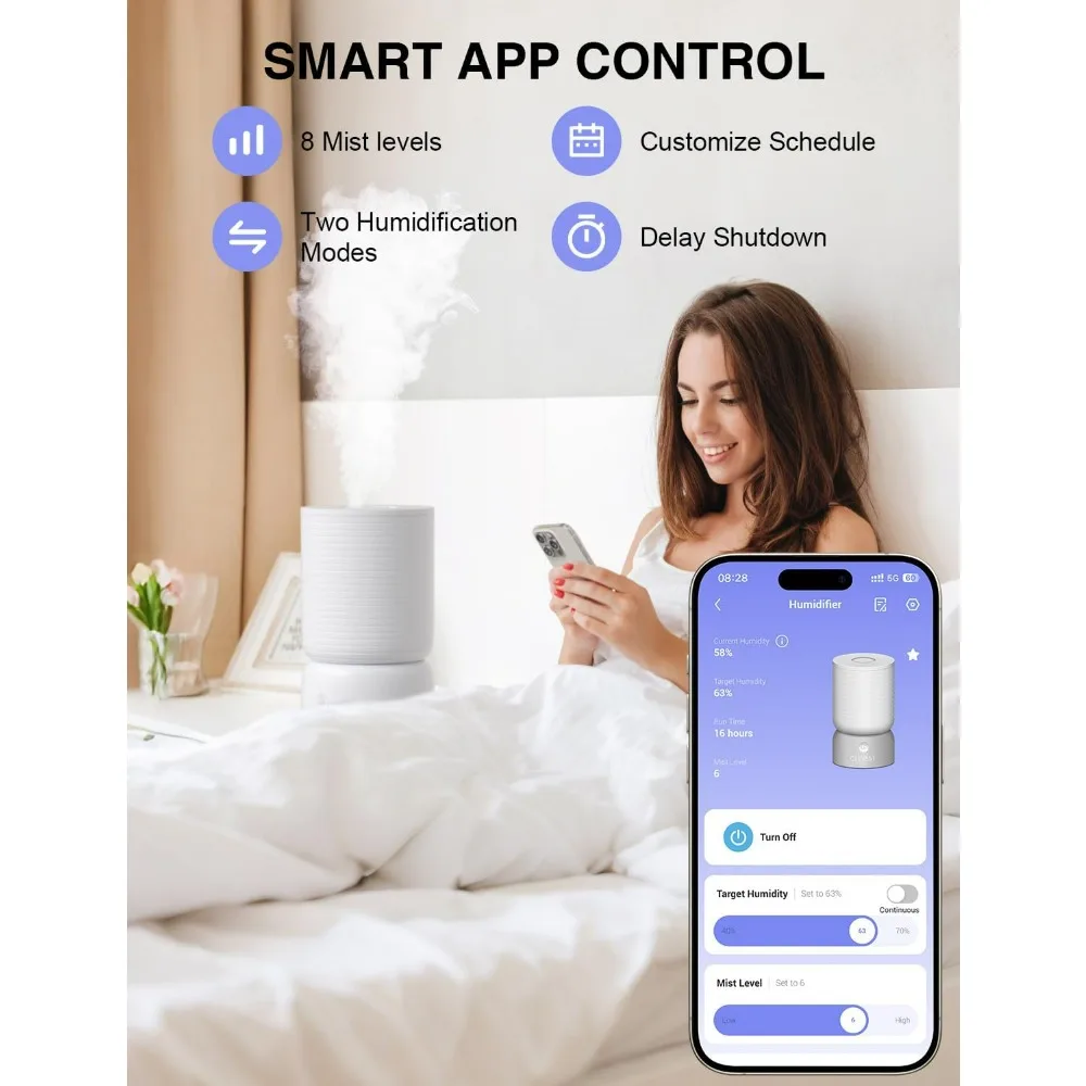 Pelembap Udara Pintar untuk Kamar Tidur, Pelembap Udara Isi Atas Kabut Dingin 1 Gal/4L dengan Diffuser Minyak Esensial, Operasi Senyap untuk Perawatan Bayi