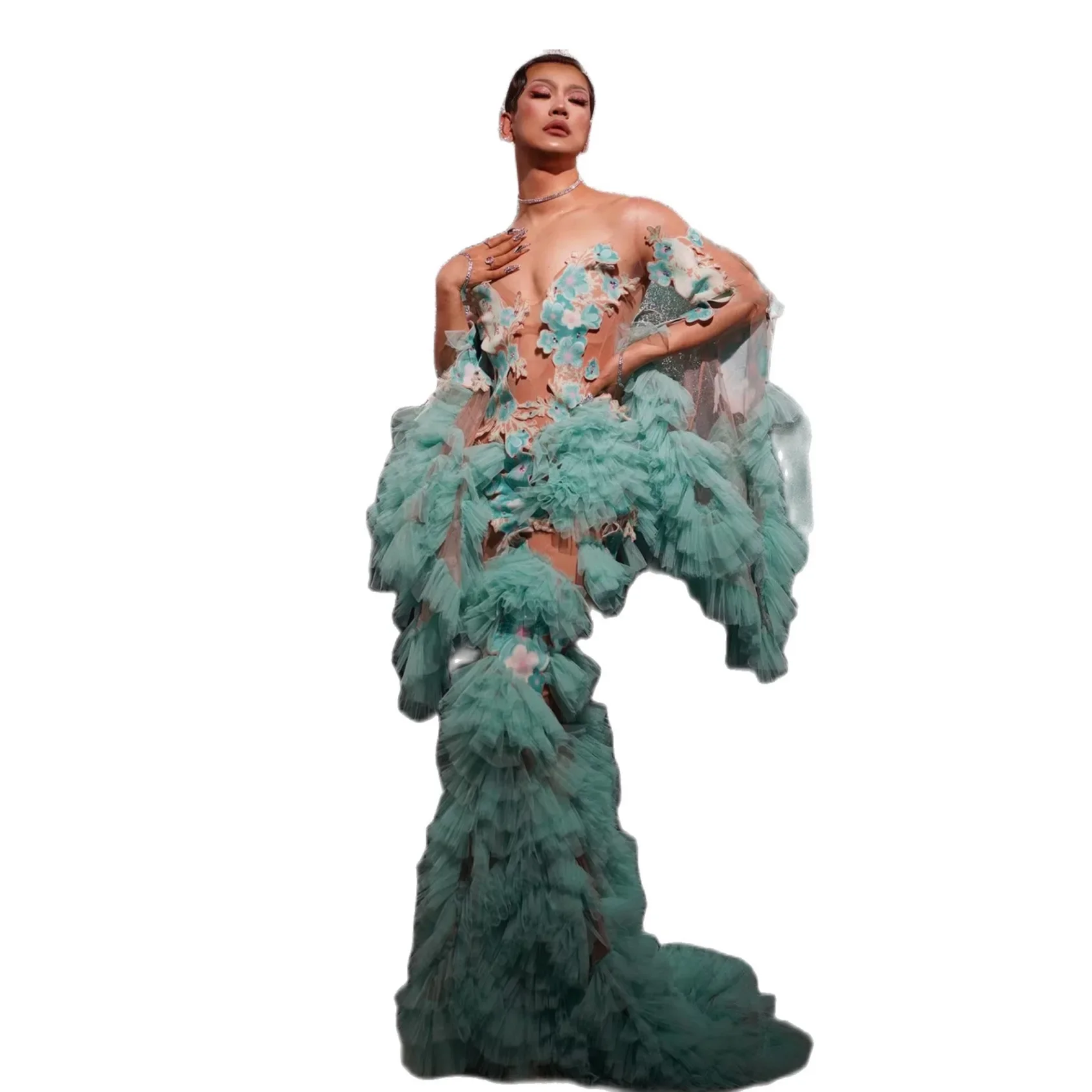 Green Sexy Gauze Folds Flower Long Dress For Women Fashion Show Stage Model Costumes Festival Carnival Drag Queen Clothing