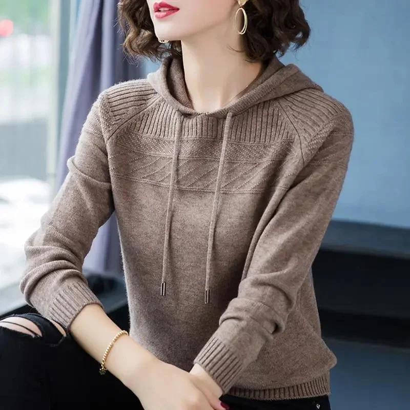 

Ladies Loose Fit Hooded Knitting Women Fashion Versatile Solid Color Knitwear Spring Autumn Female Long Sleeved Pullover Sweater