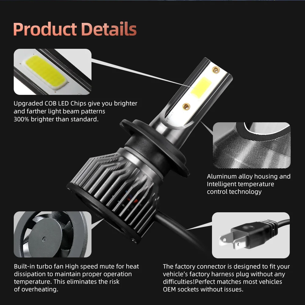 Hot Sales Mini H4 H7 LED Car Headlight Bulbs 12000LM 6000K H1 H3 880 881 H11 H13 9012 HIR2 9005 HB3 9006 HB4 9007 Auto Lamp